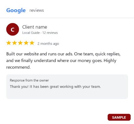 Five-star Google review: one team for website and ads, quick replies
