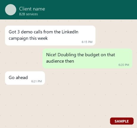 WhatsApp message from a B2B client about demo calls from a LinkedIn campaign